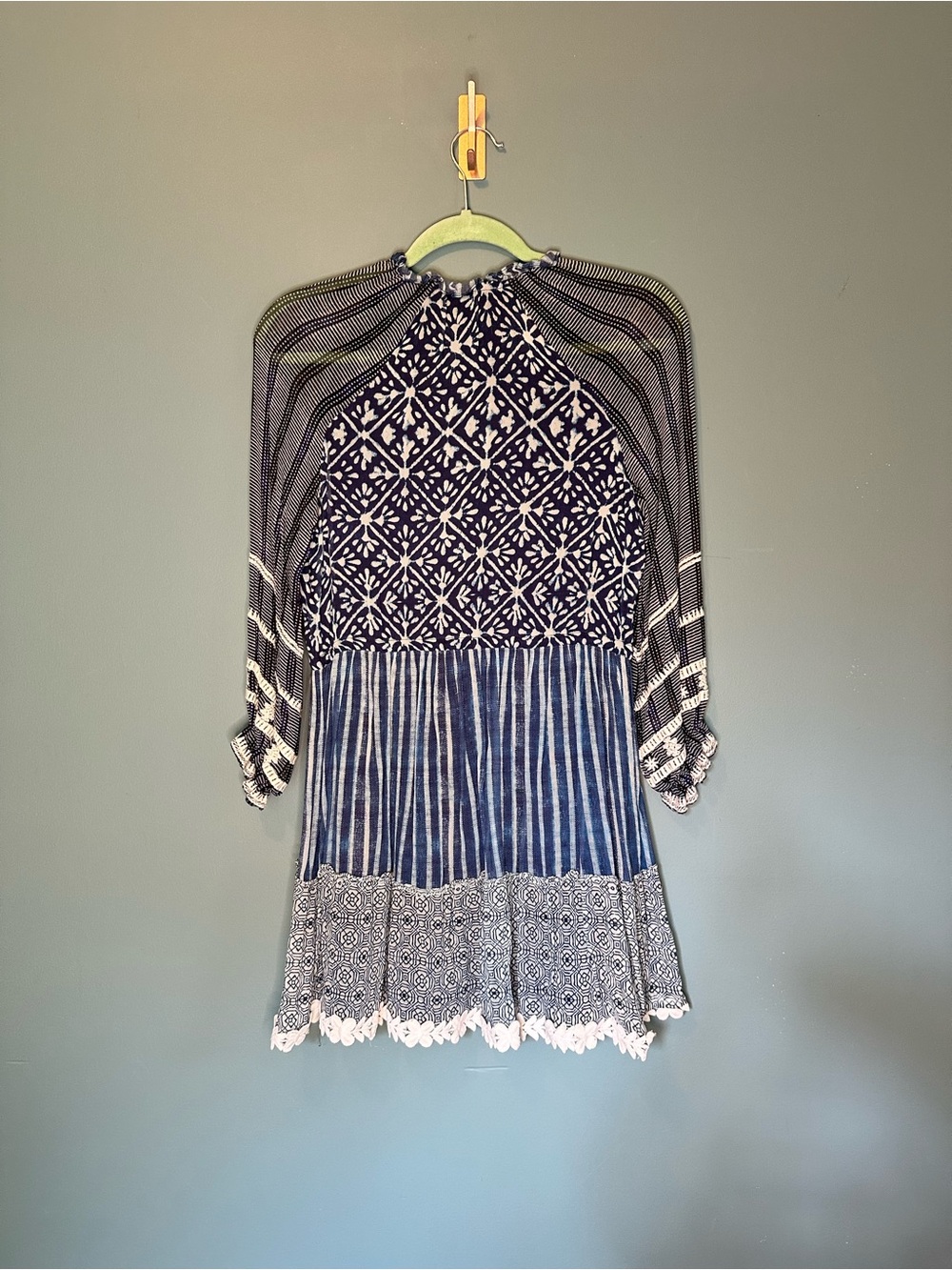 Hemant & Nandita Boho Tassel Mini Dress Blue & White Pom Pom Size XS - Picture 12 of 12